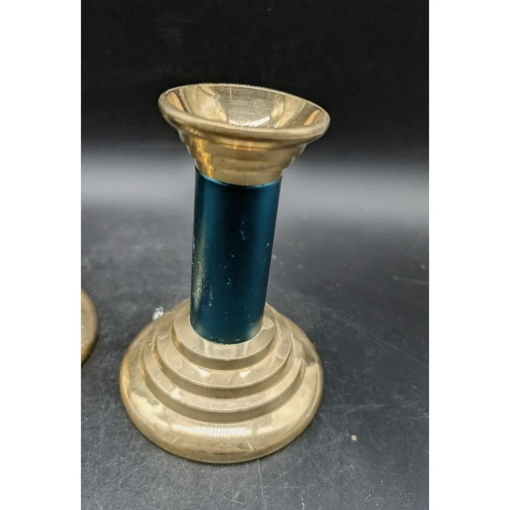 Vintage Brass Candlestick Holders Set of 2‎ Teal Blue Enamel Gold Tone 3